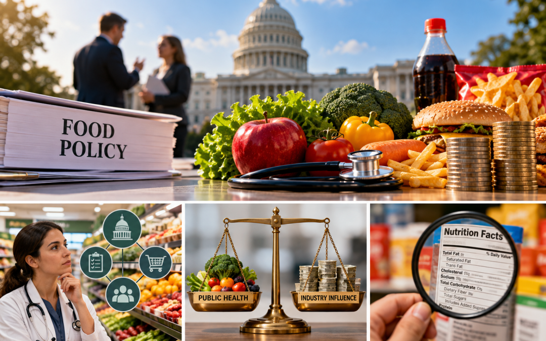 Editorial illustration about food policy and industry influence.